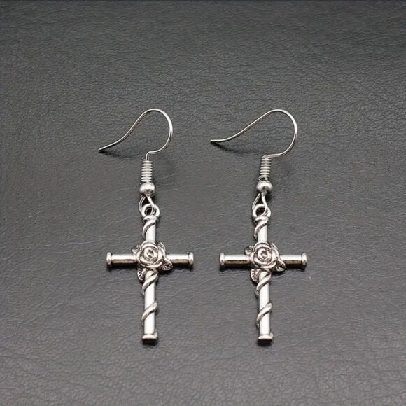 Minimalist Style Floral Cross Earrings simple earrings - Picture 4 of 4